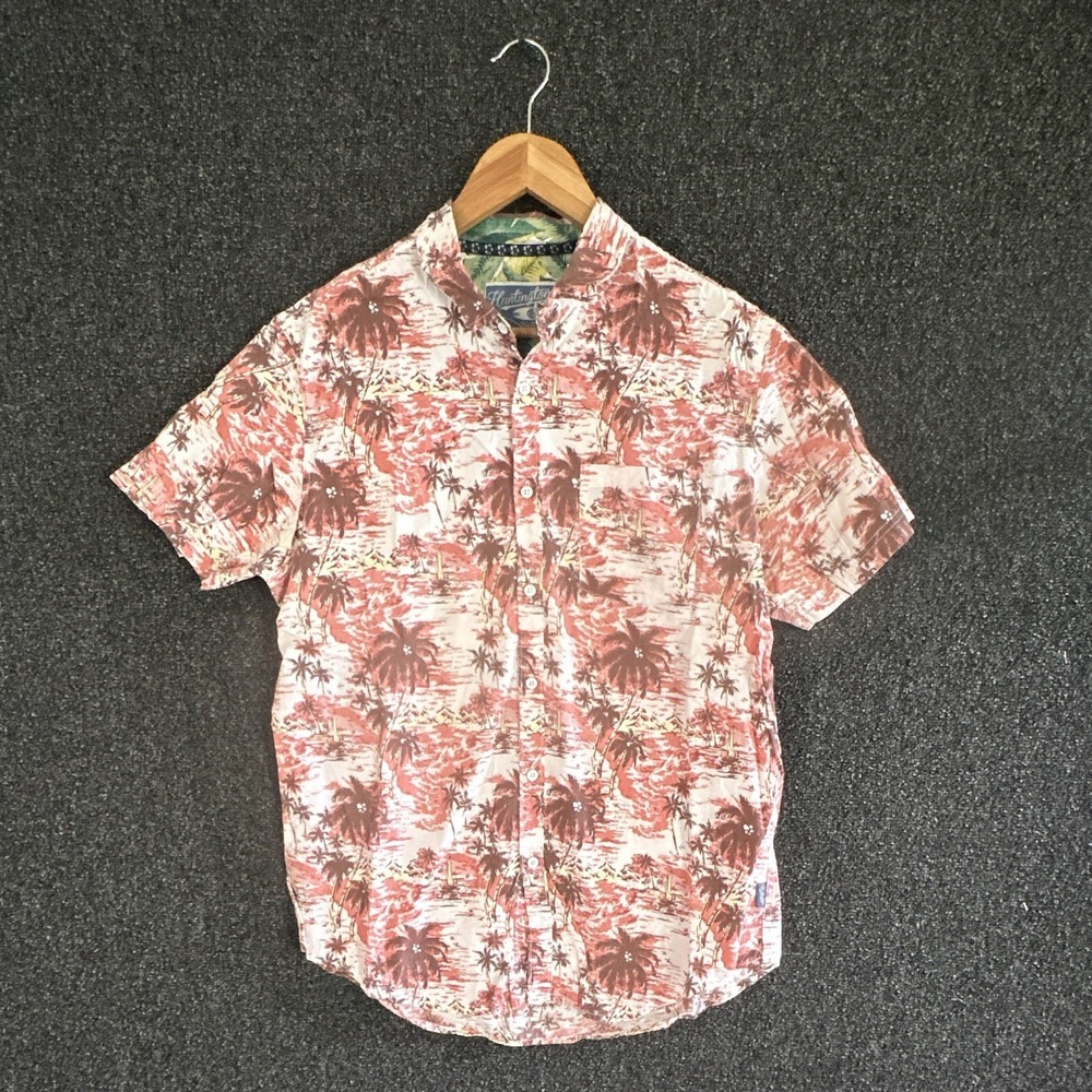 Huntington Beach Surf Classic Men Short Sleeve Aloha Palm Tree Shirt Coral Large